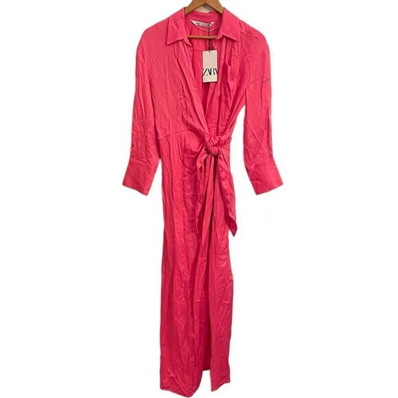 Zara NWT Pink Long Sleeve Wrap Tie Maxi Dress Small - Picture 1 of 8